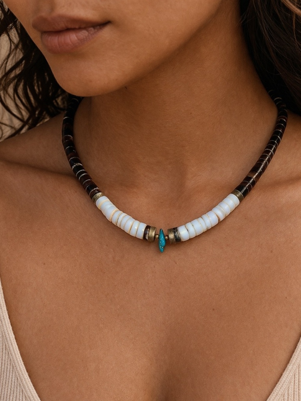 Heishi bead necklace with turquoise